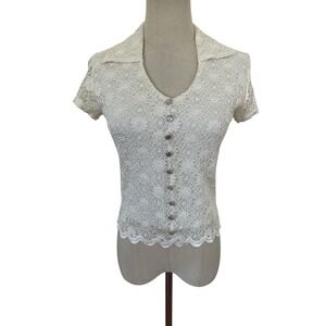 Vtg‎ 90s Lace Top Crop Floral Scalloped Hem Pearl Buttons Sz M Romantic Y2K